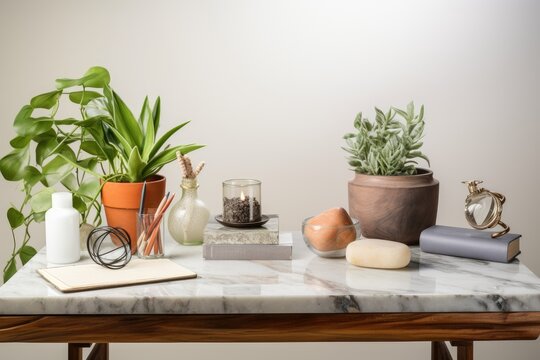 A mock up showcasing a marble table decorated with books, craft tools, pencils, and a houseplant. The desk serves as a workspace with ample empty space to display various products.