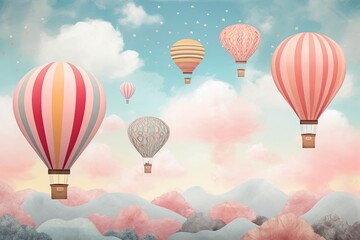 Obraz premium Playful Hot Air Balloons Floating in a Pastel Sky: A Whimsical Up, Up and Away Background, generative AI