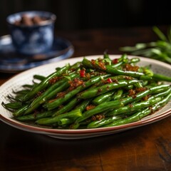 Sichuan Dry-Fried Green Beans, plated beautifully with garnished coriander leaves