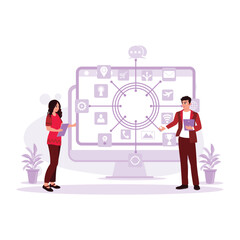 Male and female business colleagues working with tablets, analyzing virtual icon diagrams on screen. Trend Modern vector flat illustration.