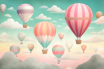 Obraz premium Playful Hot Air Balloons Floating in a Whimsical Pastel Sky: Up, Up, and Away, generative AI