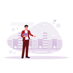 Businessman carrying a digital tablet stands against tall buildings in the background. Trend Modern vector flat illustration.