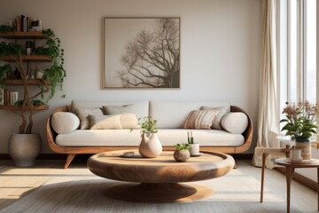 Streaming living room design with a contemporary couch, circular cushion, wooden coffee table, vase adorned with a branch, fashionable sculpture, literature, and personalized knick knacks