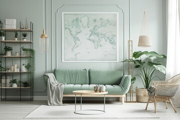A faux poster map, a mint sofa, plants, macrame, and exquisite accessories decorate this stylish living space. shelf and green wood paneling. modern interior design. Template. Finished interior design