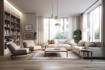 A light, contemporary living room with large windows is furnished with a beige sofa, chairs, a coffee table, a bookcase, and a lamp. hardwood flooring. Generative AI