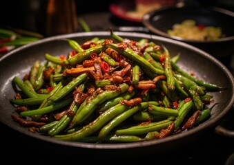 Sichuan Dry-Fried Green Beans showcasing the depth of its stir fried texture and colors - obrazy, fototapety, plakaty
