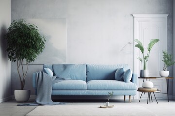 a mock up wall with a steel blue sofa against a modern interior background in a living room decorated in the Scandinavian style,. Generative AI