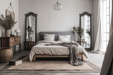 A fashionable bedroom with a king size bed, wooden nightstands, and gray elegant paintings on a white wall with a natural rug on the floor. Generative AI