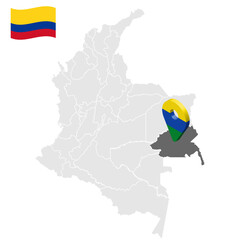 Location of  Guainia on map Colombia. 3d Guainia location sign. Flag of Guainia . Quality map with regions  of Colombia for your web site design, logo, app, UI. Stock vector. EPS10.
