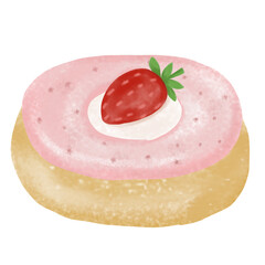 Donut filled with cream and strawberries cartoon. drawing 
