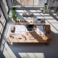 Top view Architect desk with office tools, computer laptop, plant pot and on wood table background. Generative AI