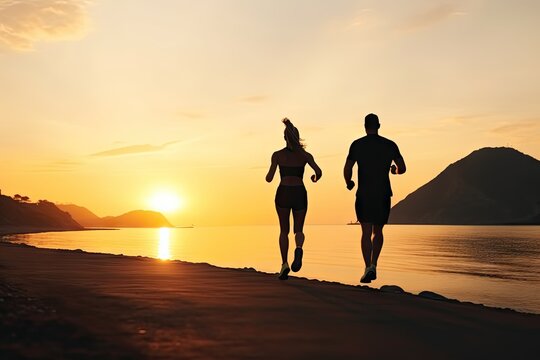 Couple Runners Silhouette, Athlete Running in Morning Dusk at Coast, Generative AI Illustration