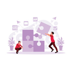 Two male businessmen are linking the jigsaw puzzle leading to business improvement and success. Trend Modern vector flat illustration.