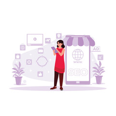 Women with tablet access digital marketing online. Advertising concept. Trend Modern vector flat illustration.