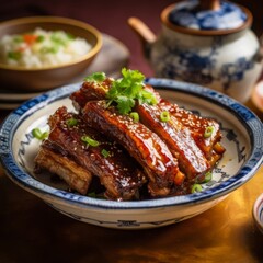 Wuxi Spare Ribs with visible glaze and served on traditional Chinese ceramic ware