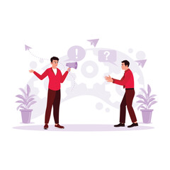 Two business people are seen together, talking and giving each other advice and help. Trend Modern vector flat illustration.