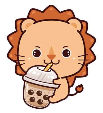 Cute Little Lion Hug Boba Milk Tea. Kawaii Cute Vector