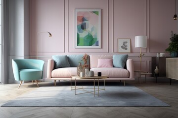 a coffee table surrounds a pink pastel sofa in this minimalist design. Generative AI