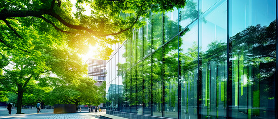 office building with tree for reducing carbon dioxide, Eco green environment. - obrazy, fototapety, plakaty