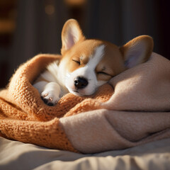 cute corgi puppy sleeping with a blanket