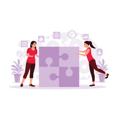 A jigsaw puzzle that two women are trying to connect. Concept of business solution, strategy, and success. Trend Modern vector flat illustration.
