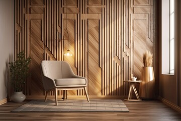 a mock up of an empty modern room interior with a wooden decorative panel on the wall and a wooden chair covered in a blanket,. Generative AI