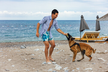 A dog trainer with a dog during training near the sea