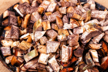 Raw chopped mushrooms in a frying pan. Close-up