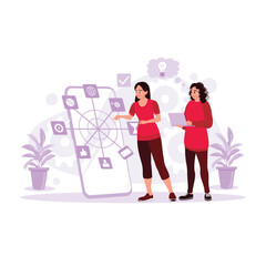 View of a woman holding a laptop and a woman touching productivity concept on screen. Trend Modern vector flat illustration.