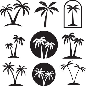 Set of palm tree labels and design elements. Vintage palms illustrations. Vector design  element for emblem, logo, insignia, sign, identity, logotype, poster.