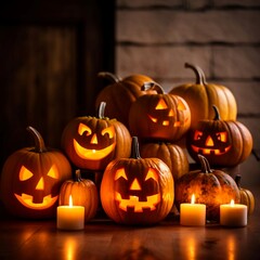 Obraz premium Halloween pumpkins. Jack-o-lantern decoration. Generative AI