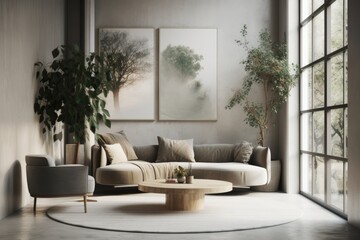 A cozy couch, concrete floors, a circular middle table, and indoor plants all over the place can be found in a Danish design interior. The best location for art and print mockups is an empty, isolated