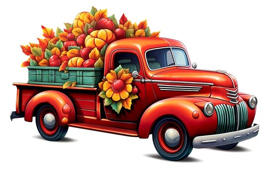 recommend clip art: 3d red pickup truck full of autumn harvest isolated on white background. Generative AI
