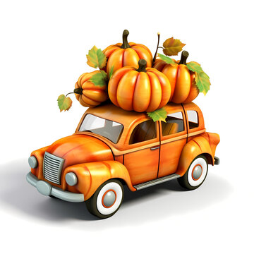 recommend clip art: 3d orange pickup truck full of pumpkins harvest isolated on white background. Generative AI