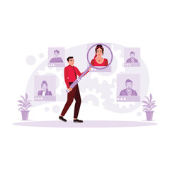 Man with magnifying glass focusing on woman's concept of recruitment, analysis, investigation, and research. Trend Modern vector flat illustration.