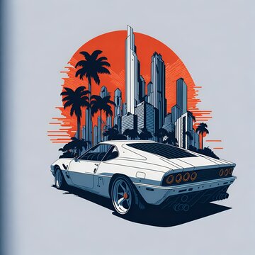 artwork of t-shirt graphic design, flat design of one retro ,Ferrari white , colorful shades, highly detailed clean, vector image, photorealistic masterpiece, professional photography, realistic car, 