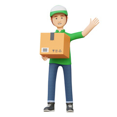 courier delivery man holding package box 3d cartoon illustration