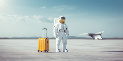 Astronaut with yellow travel suitcase on runway, airport or spaceport, banner with copy space