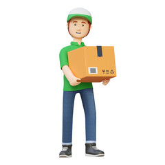 courier delivery man holding package box 3d cartoon illustration