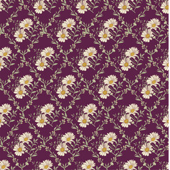 Obraz premium Seamless pattern Chamomile wildflowers. Beautiful fabric blooming realistic isolated flowers Vintage background Wallpaper baroque. Drawing engraving Vector victorian illustration