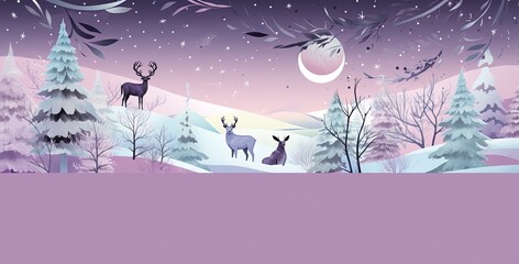 Snowy winter landscape with deer and Christmas trees, card, cold outdoors seasonal feeling in purple, light pink and soft colors. Season, celebration mood in adorable illustration. Generative Ai.