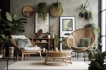 A fashionable rattan armchair, plaid, macrame, a coffee table, books, plants, and attractive accessories may be found in the living room of a contemporary home. interior design. Template. abstract art