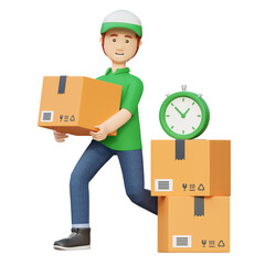 courier delivery man sending express package box in time 3d cartoon illustration