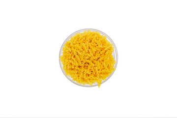 Fusilli spaghetti in bowl isolated on white background. 