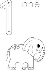 Flashcard number 1. Preschool worksheet. Cute cartoon elephant.