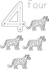 Flashcard number 4. Preschool worksheet. Cute cartoon leopards.