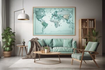 A contemporary sitting room interior design features a mint design sofa, a wooden cube, a tropical plant, a ladder, a lamp, and stylish accessories. Elegant interior design. Template. mock map for a p