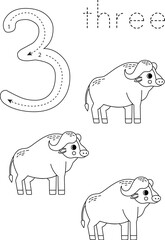 Flashcard number 3. Preschool worksheet. Cute cartoon buffalos.