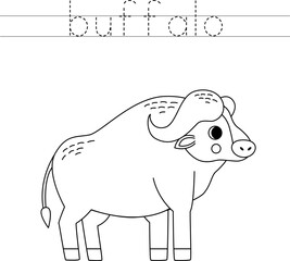 Trace the letters and color cartoon buffalo. Handwriting practice for kids.