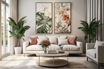 The living room is designed with a white color scheme and features botanical posters hanging on the walls. In the background, there is a sofa.
